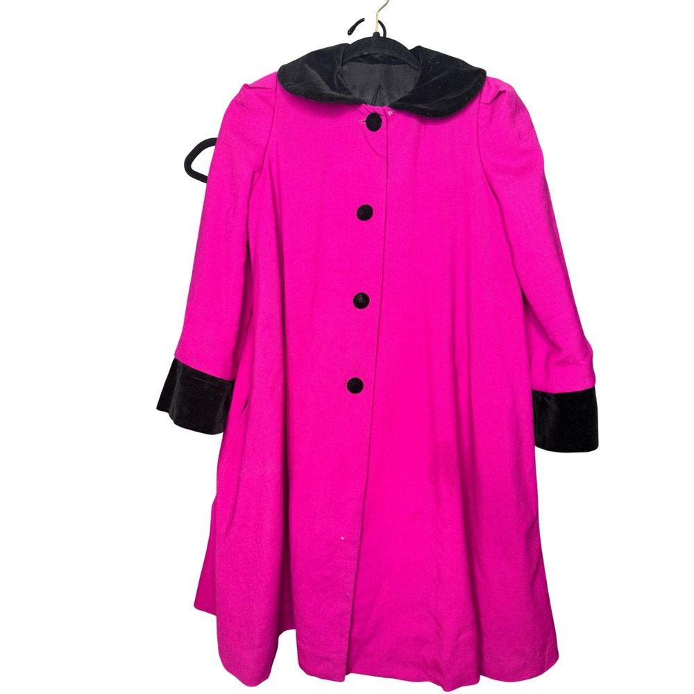 60s Vintage Hot Pink Swing Coat Black Velvet Peter Pan Collar Heart Accent Mod